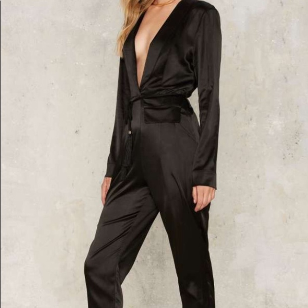 Black plunging satin jumpsuit